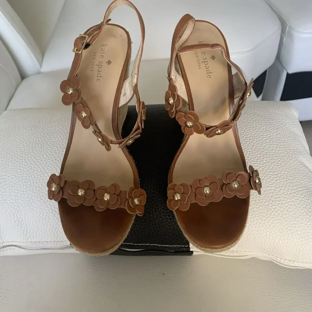 Kate Spade Tan Floral Espadrille Wedge Sandals Women’s Size 9 VGUC